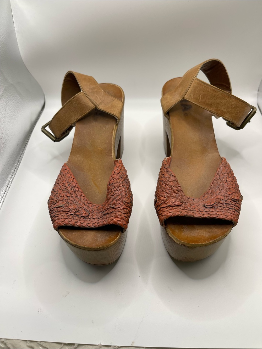 MIA Brown Leather Platform Sandals with Rust Braided Front